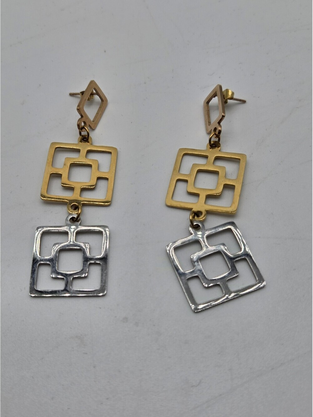 Modern Geometric Two Tone Gold Silver Tone Dangle Drop Earrings Open Square